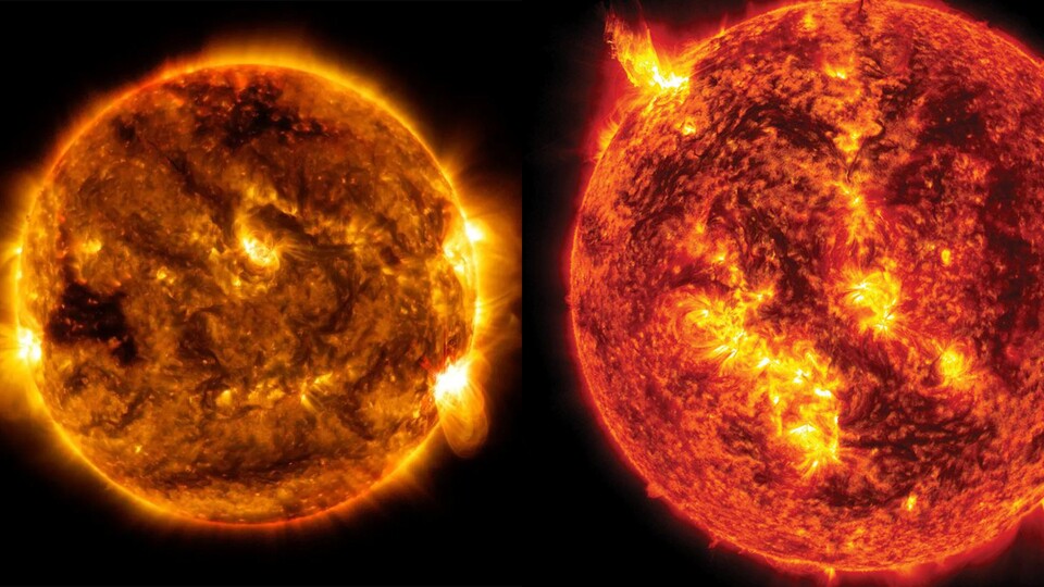 Zwei beeindruckende Bilder der NASA von unserer Sonne. Darauf erkennbar: Verwirbelungen, koronale Auswürfe und Sonnenflecken (Quelle: NASASDO)