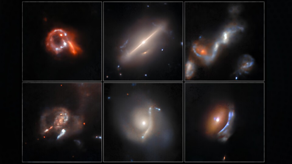 Einige Beispiele für die obigen Phänomene, vor allem sogenannte Galaxien-Vereinigungen.
(Bildquelle: NASA, ESA, David ORyan (ESA), Pablo Gómez (ESA), Mahdi Zamani (ESAHubble)).