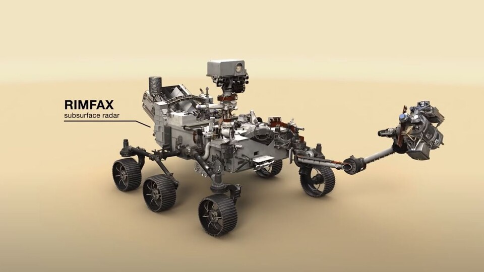 Der Rover steckt voller technischer Analysegeräte, Kameras und wissenschaftlicher Experimente. Das Radar ist wohl eines der wichtigsten Geräte. (Quelle: NASA, YouTube-Video)