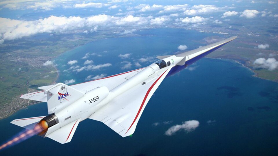 So sieht der neueste NASA-Vogel aus. Er soll kein krachendes Ungetüm sein, sondern einen geräuscharmen Überschalljet darstellen: Der X-59! (Quelle: NASA, Lockheed Martin)