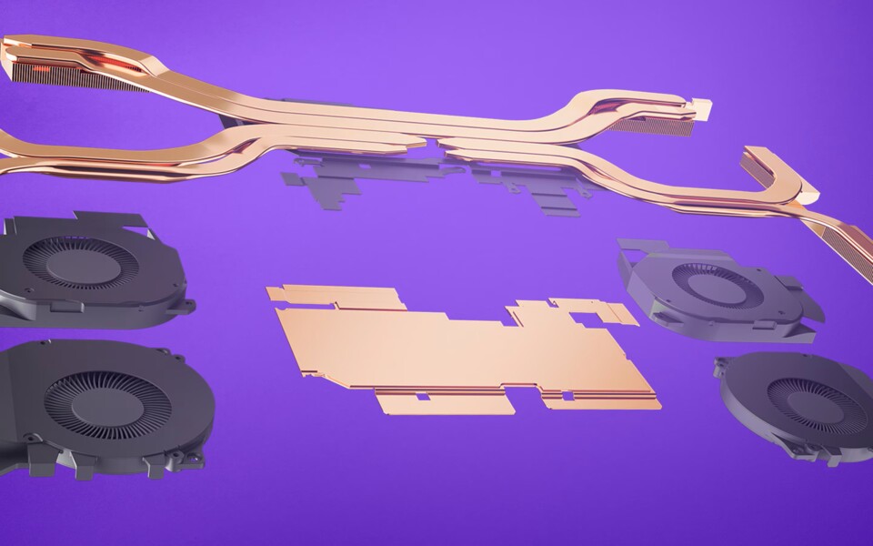 Die Einzelteile eines Notebook-Kühlsystems am Beispiel eines Alienware x16 (Bildquelle: Alienware)