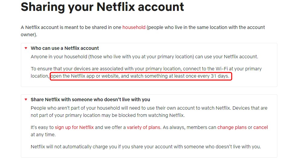 Die hier zu sehenden Angaben von Netflix zum Account-Sharing wurden inzwischen wieder gelöscht.