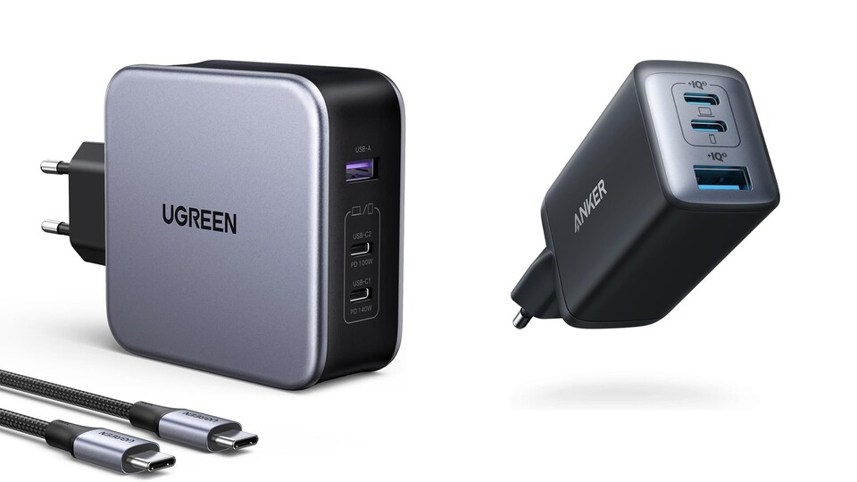 Die Alternativen: Links das Nexode 140W Netzteil von Ugreen und rechts das kompakte 65W Netzteil von Anker.