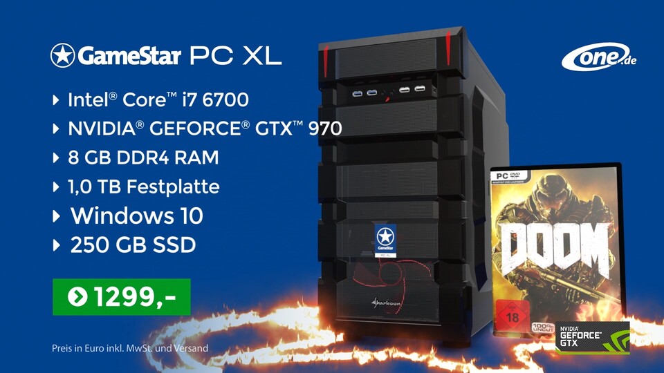 Neuer One GameStar-PC XL im TV-Spot - Fight like Hell mit DOOM gratis und 100 Euro sparen