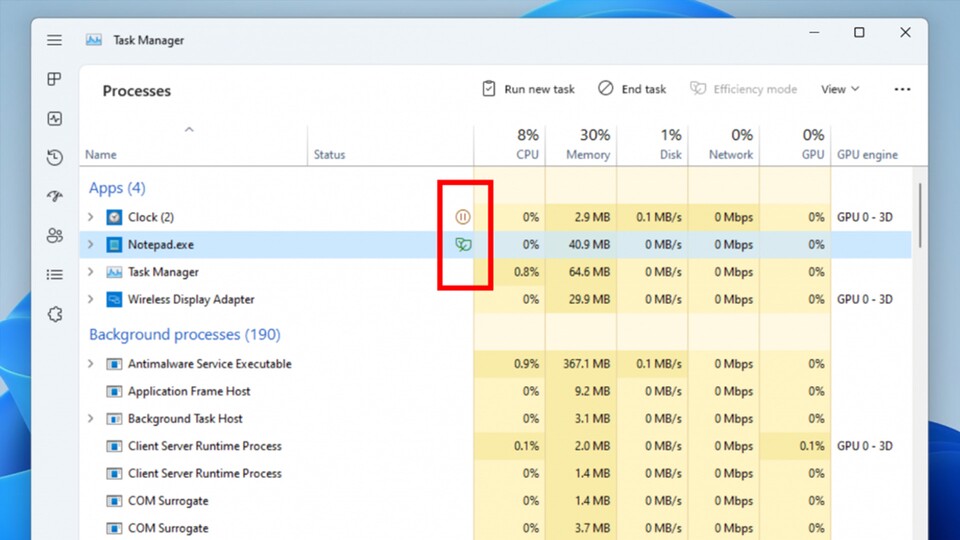 An den Symbolen erkennt ihr auf welchem Programm der Effizienzmodus aktiv ist. Quelle: Microsoft