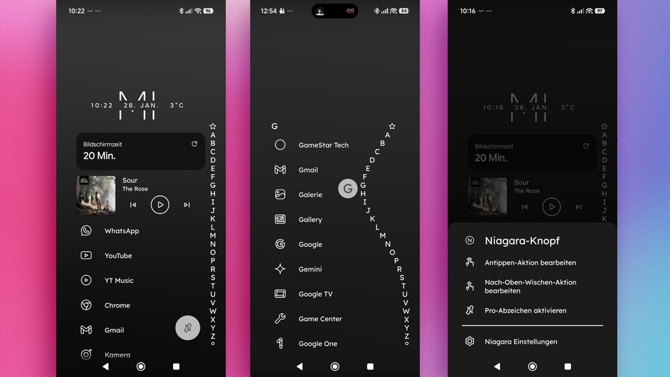 Minimalistische Launcher können dabei helfen die Bildschirmzeit zu reduzieren. Ihr könnt euch auch ein Widget auf dem Home-Screen einblenden lassen, damit ihr sie nicht aus dem Blick verliert. (Screenshots vom Niagara Launcher)