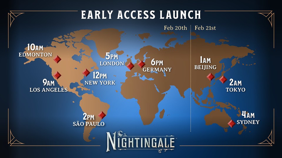 Inflexion Games hat die Release-Uhrzeit für den Early Access Launch von Nightingale in einer praktischen Übersicht zusammengefasst. Bild: Inflexion Games