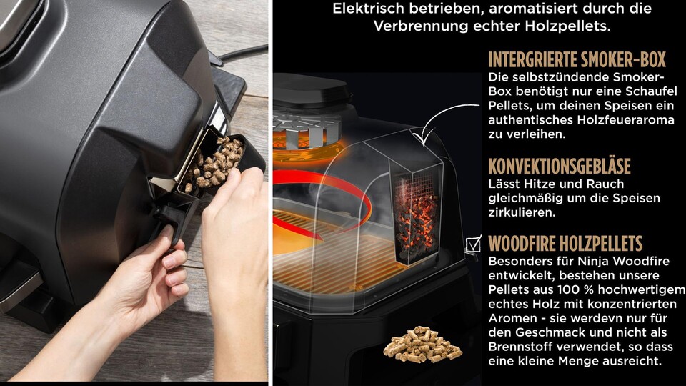 Ihr könnt an der Seite Holzpellets einführen, die dann euer Grillgut räuchern. Der Geschmack ist wahnsinn!
