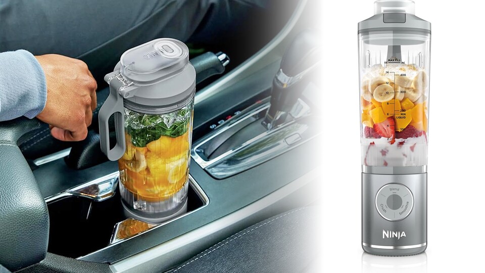 Frisch gemixt geht auch unterwegs: Der tragbare Mixer passt easy in euren Getränkehalter im Auto.