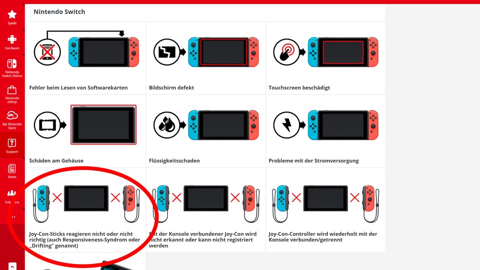 Im Hauseigenen Reparaturportal von Nintendo kann man driftende Joy-Con-Sticks schon direkt als Reklamationsgrund auswählen.