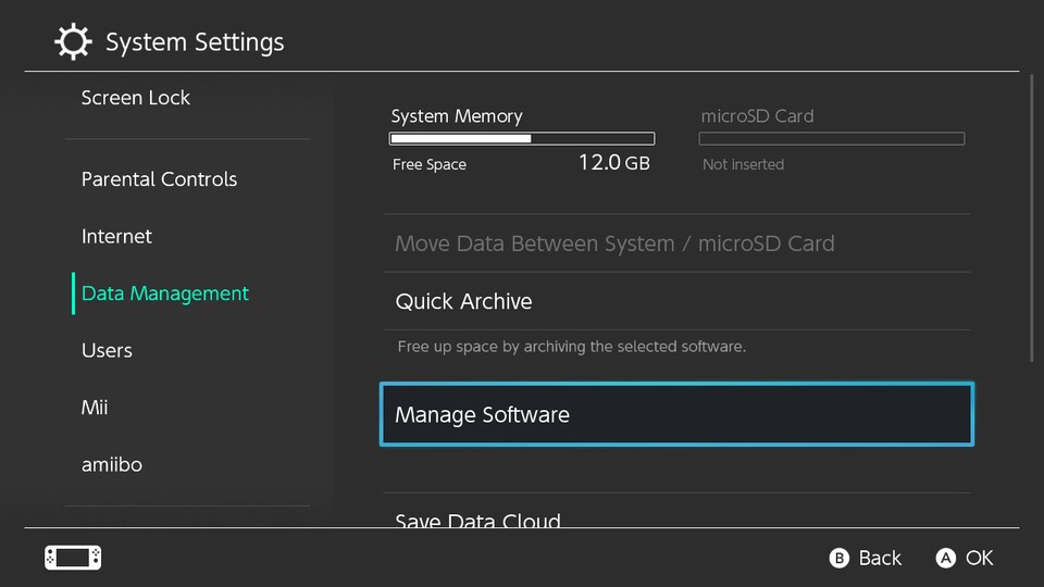 Über Datenverwaltung und Software könnt ihr eure Spiele auswählen, die ihr löschen wollt. In diesem Bild seht ihr die englische Darstellung.