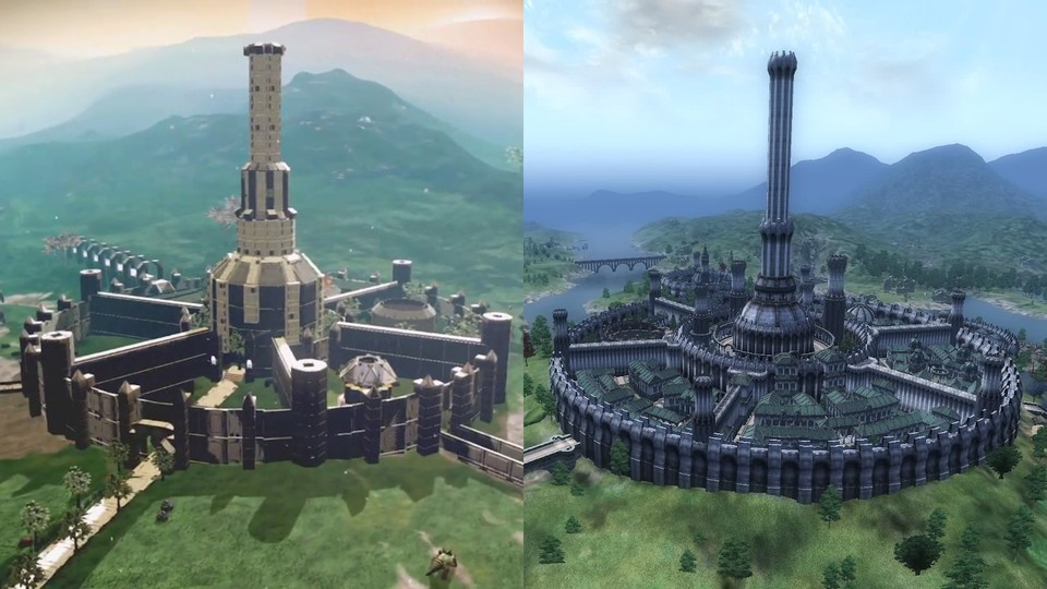 Links seht ihr den Nachbau der imperialen Stadt aus der Elder-Scrolls-Reihe in No Man's Sky, rechts die Original-Version aus dem vierten Teil Oblivion.