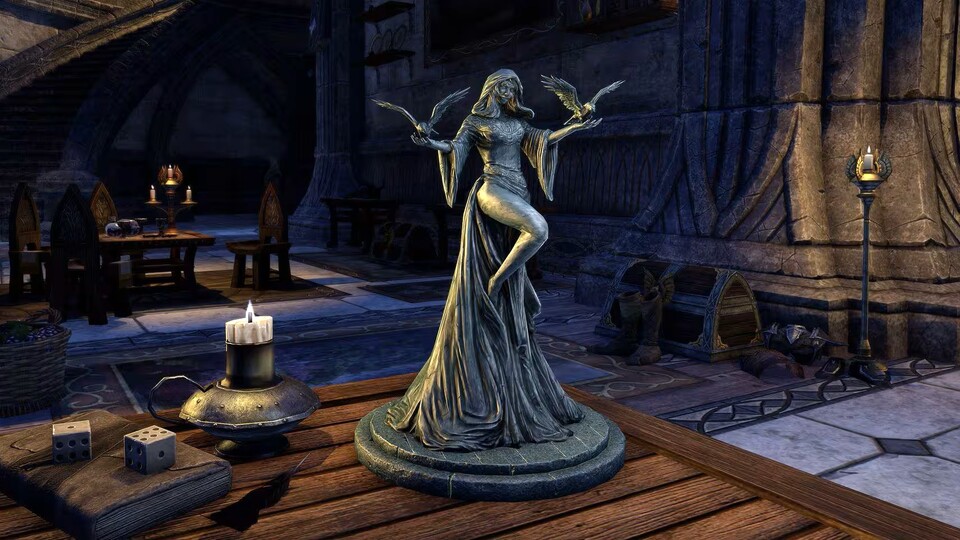 Die Herrin der Nacht mit ihren Raben - hier als Statue in Elder Scrolls Online.