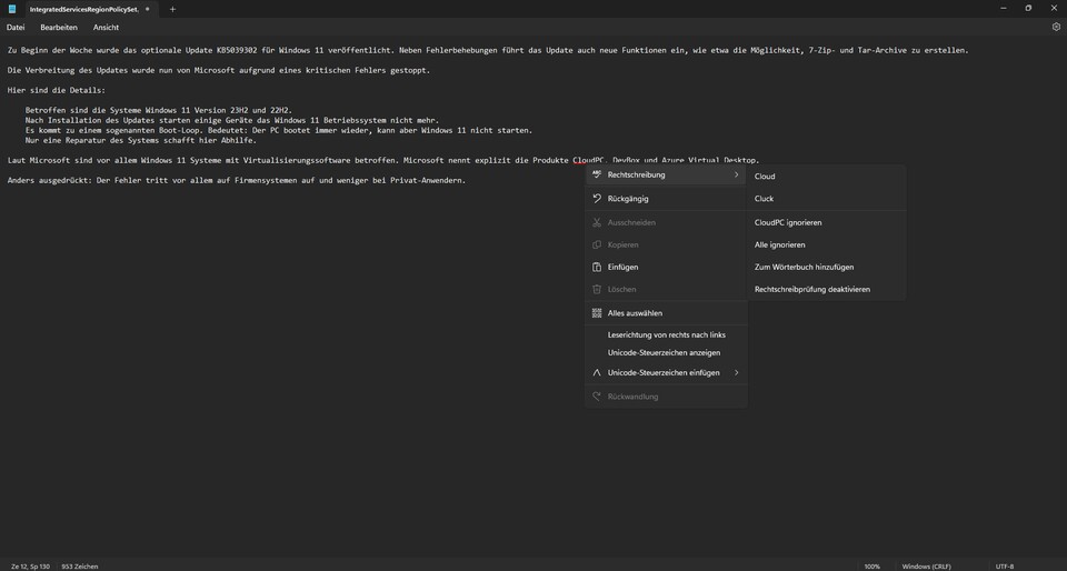 Die neue Rechtschreibprüfung von Notepad