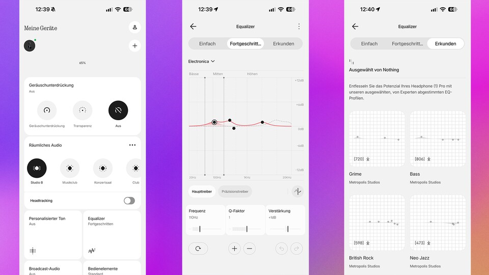 Über die App habt ihr diverse Anpassungsmöglichkeiten in Bezug auf den Klang – ob räumliches Audio oder EQ-Profile. (Bildquelle: GameStar Tech)