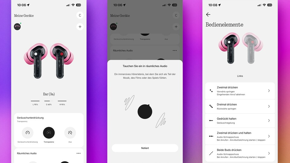 In der Nothing X-App stehen diverse Einstellungsmöglichkeiten und Features bereit. (Bildquelle: GameStar Tech)