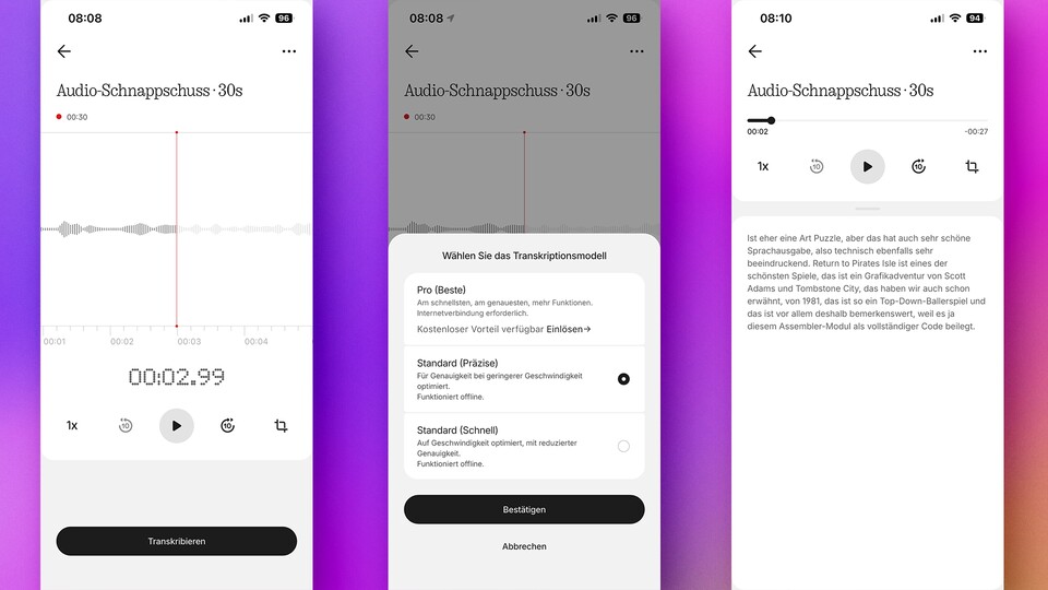 Die Audioaufnahme-Funktion klappt gut. Vor allem bei Podcasts mit klarer Sprache arbeitet die Standard-Transkribierung zuverlässig. (Bildquelle: GameStar Tech)
