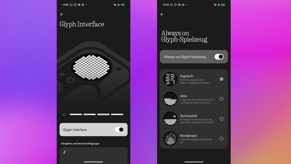 Die Vielfalt an Glyh-Tools ist beim 4a Pro nicht ganz so groß wie beim Phone 3. Über die Zeit dürfte die Palette aber noch wachsen. (Bildquelle: GameStar Tech)