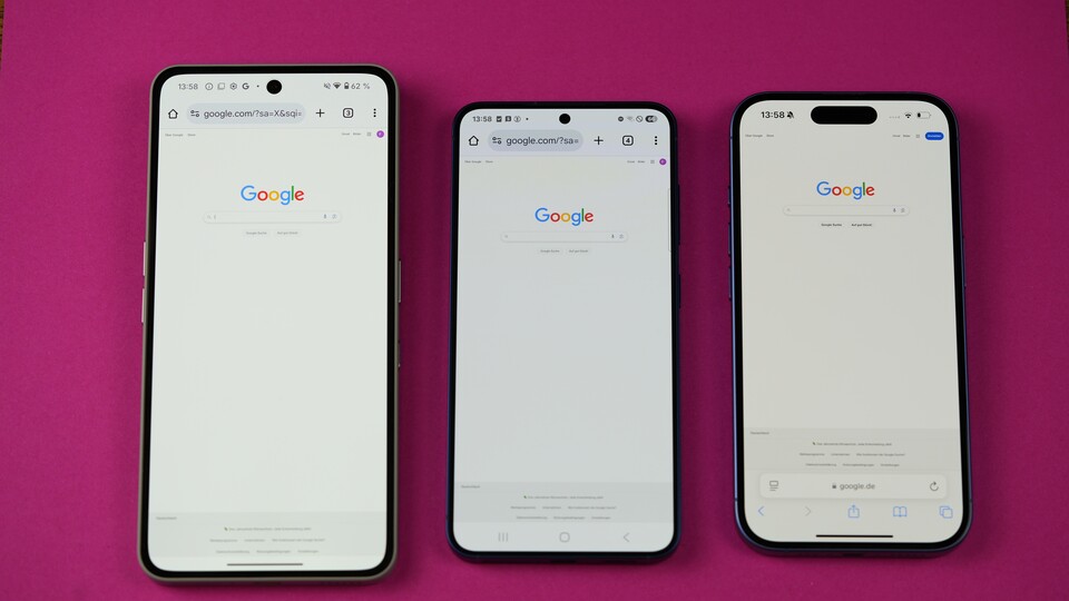 Das Phone (3a) Pro (links) wirkt ein My heller als das S25 (Mitte) und iPhone 16 (rechts). (Bild: GameStar Tech)