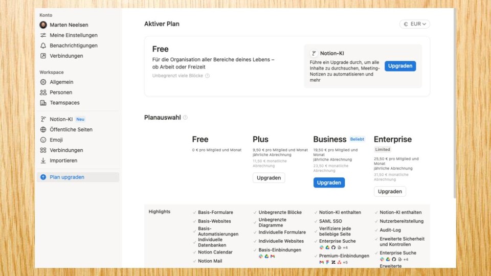 Notion bietet euch eine klare Übersicht, welches bezahlte Paket euch welchen Vorteil bringt. Je nach euren Bedürfnissen müsst ihr entscheiden, was ihr braucht.