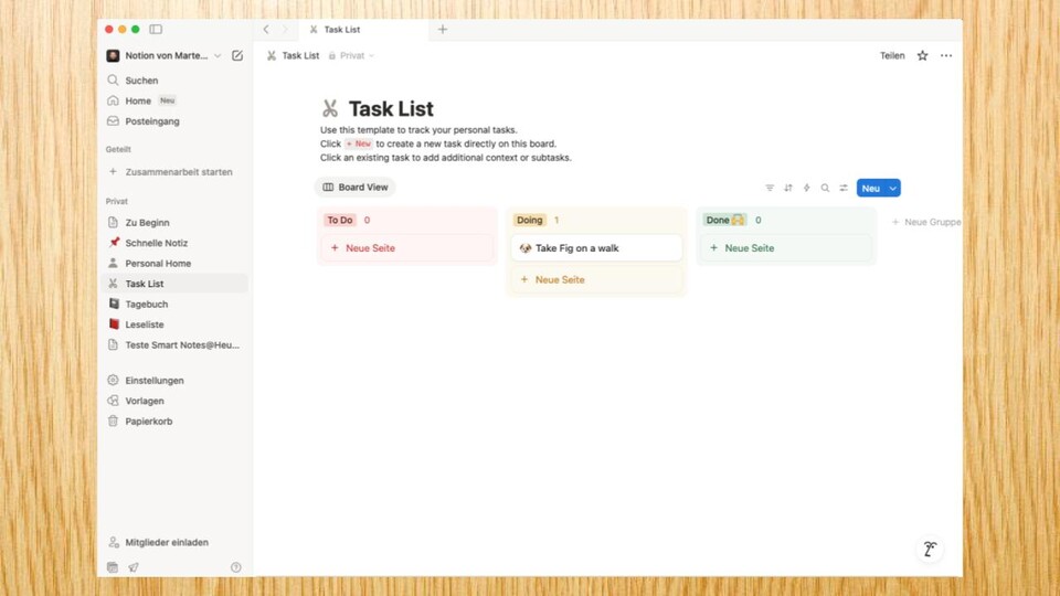 Bei Notion lassen sich Inhalte wunderbar anordnen und personalisieren. Hier am Beispiel einer To-Do-List.