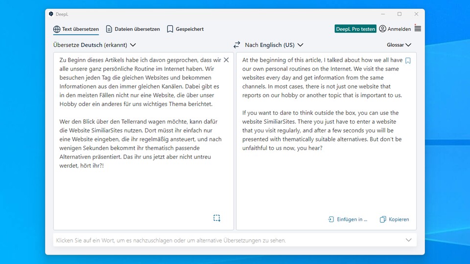 Auch beim Übersetzen von Passagen aus diesem Artikel macht DeepL eine sehr gute Figur.