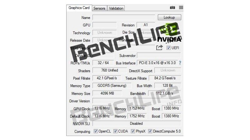 Dieser Screenshot aus dem Tool GPU-Z zeigt angeblich einen Großteil der technischen Daten der GTX 1050, die demnach auch in einer Variante mit 4,0 GByte VRAM erscheinen wird.