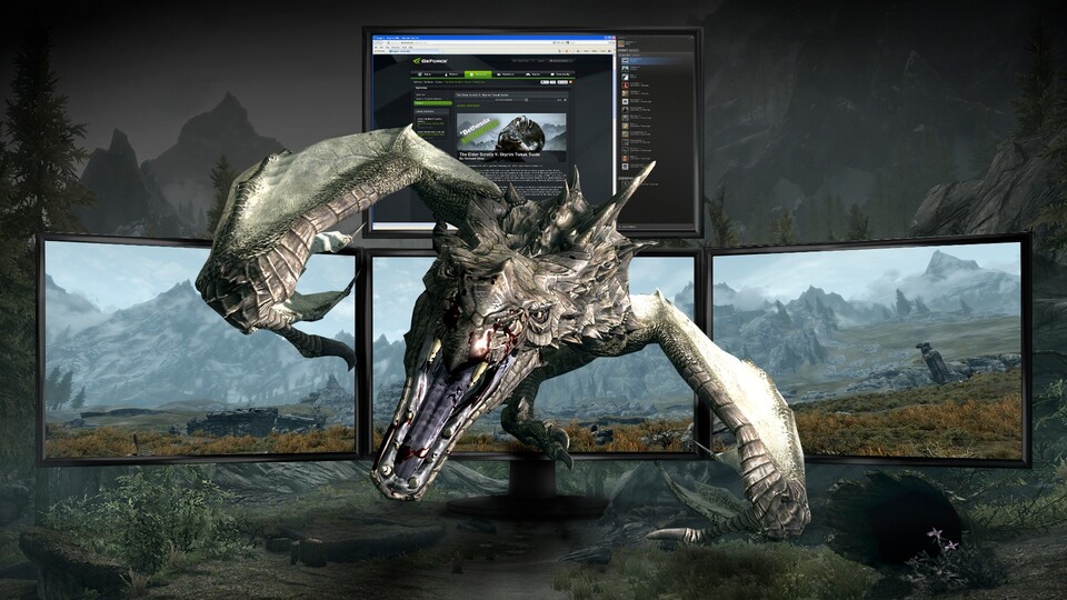 Mit nur einer Geforce GTX 680 lässt sich mit 3D Vision Surround in 3D spielen, ein optionaler vierter Monitor zeigt dann Browser oder Chatprogramm an.