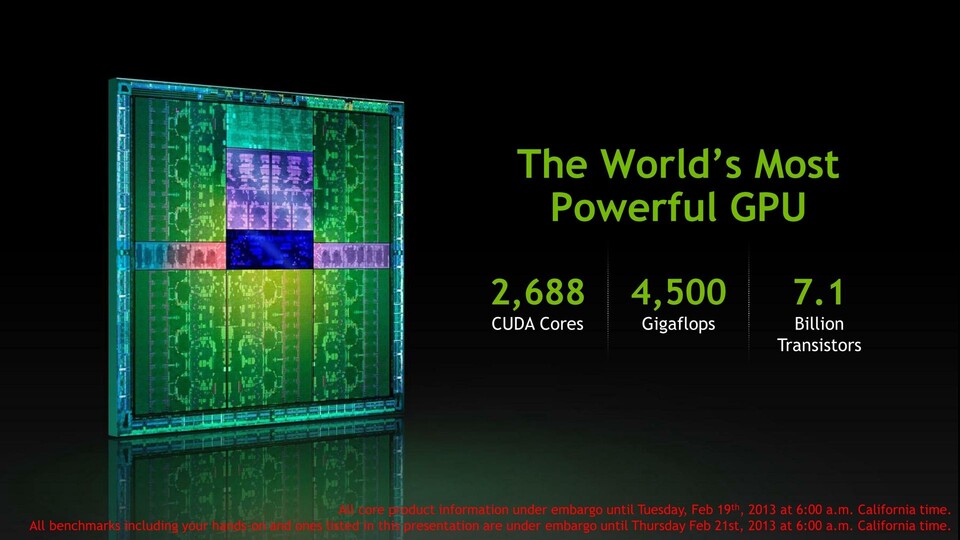 Nvidia spart nicht mit markigen Worten und preist den GK110 der Geforce GTX Titan als den leistungsstärksten Grafikchip der Welt.