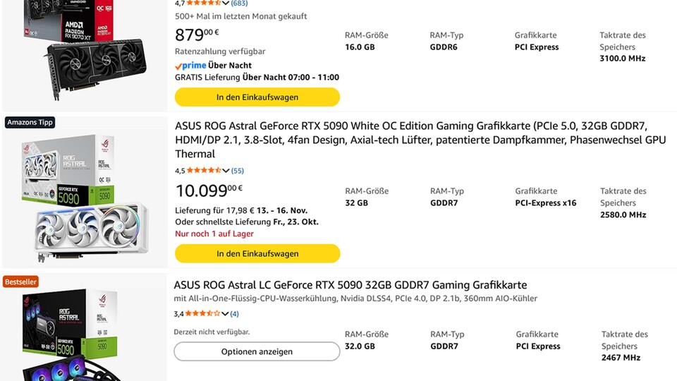 Die günstigste RTX 5090 bei Amazon. (Stand vom 21. Oktober)