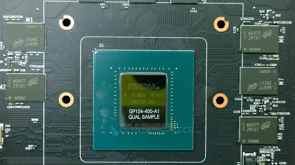 Dieses Foto zeigt angeblich den Nvidia GP104 und GDDR5X-Chips. (Bildquelle: wccftech)