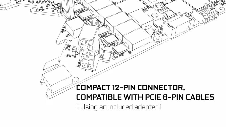 Ein entsprechender Adapter für den 12-Pin-Stromanschluss soll den Grafikkarten (Founders Editions zumindest) offenbar beigelegt werden. (Bildquelle: YouTube/Nvidia Geforce)
