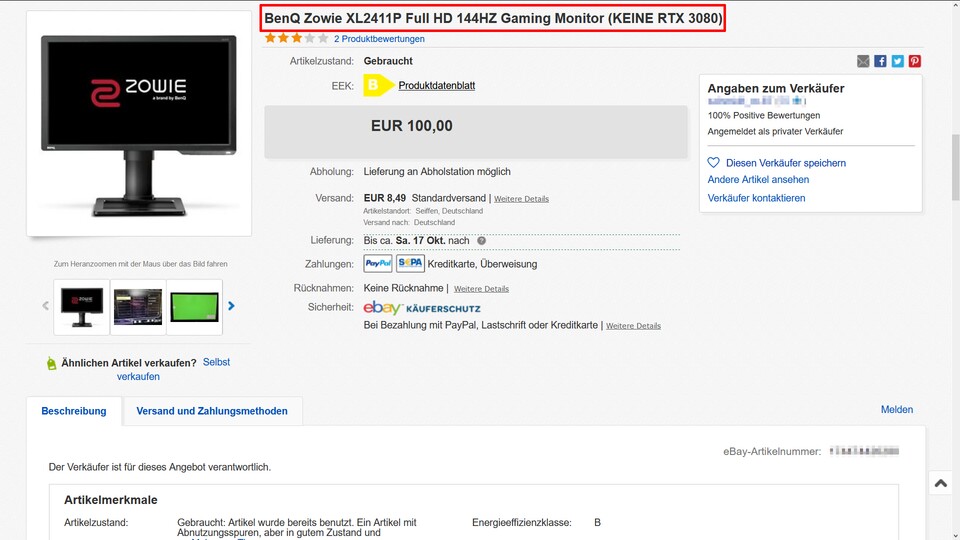 Dieser Verkäufer weist im Angebotstitel sicher nicht deshalb darauf hin, dass es sich bei diesem Monitor nicht um eine RTX 3080 handelt, weil die Verwechslungsgefahr so groß wäre.