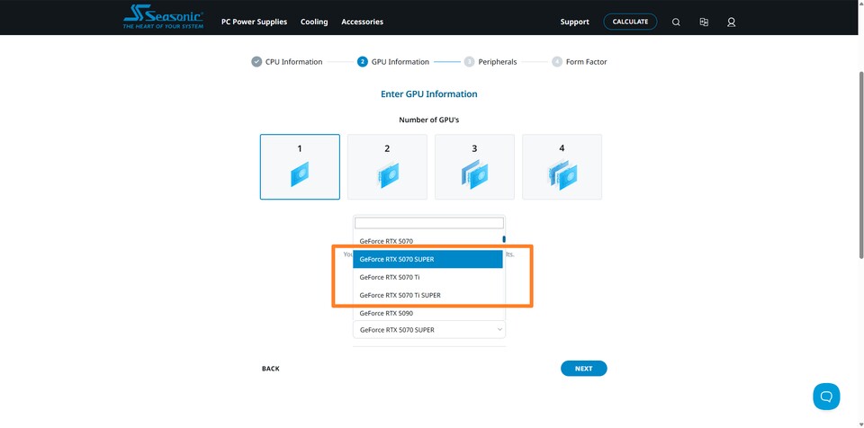 Beide 5070-Super Grafikkarten sind bereits bei Seasonic auswählbar. (Bildquelle: Seasonic)