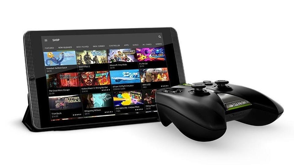 Das Nvidia Shield Tablet lässt sich dank Standfuss und optional erhältlichem Gamepad auch mobile Spielkonsole nutzen.