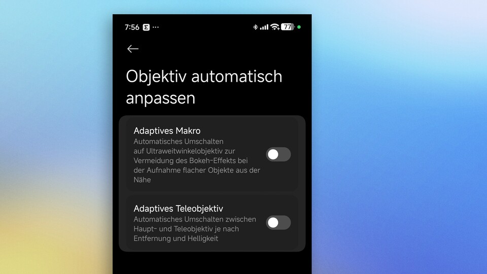 Das adaptive Teleobjektiv schaltet automatisch von Haupt- zu Telekamera. Diese Einstellung habe ich auch deaktiviert. (Bildquelle: Duy Linh DinhGameStar Tech)