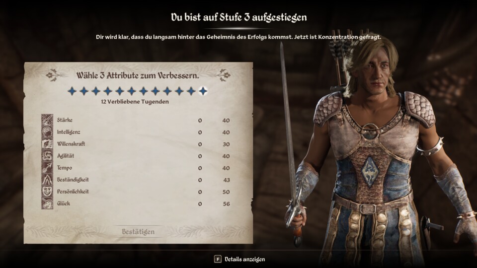 Bei jedem Levelaufstieg gibts jetzt anders als früher feste 12 Punkte, die ihr auf eure Attribute verteilt.