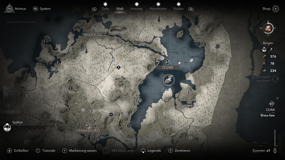 Die Katzeninsel Okishima findet ihr in der Mitte des Biwa-Sees in der Provinz Oumi - dort, wo sich auf dem Screenshot der Spieler-Marker befindet.