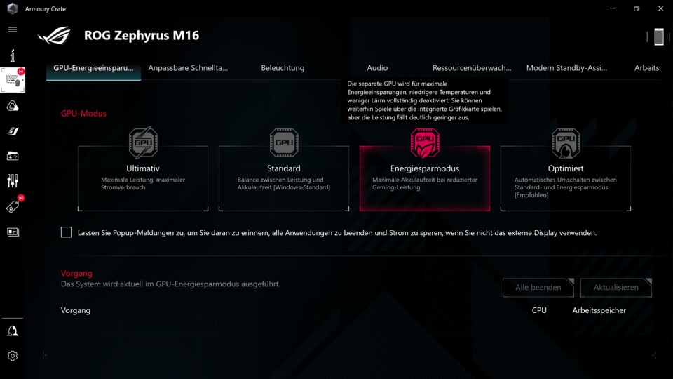 Gaming-Notebooks wie das Zephyrus M16 von Asus bieten oft verschiedene Modi, um die Onboard-GPU optimal und wunschgemäß mit der dedizierten Grafikkarte zu kombinieren.