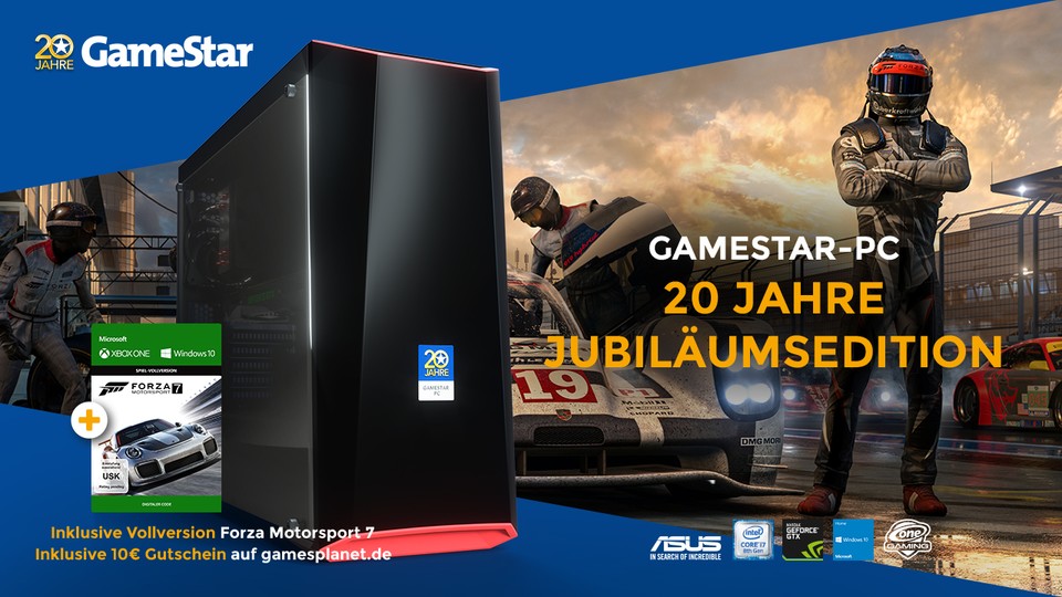 Unsere limitierte Jubiläumsedition zum 20. Geburtstag der GameStar ist vermutlich unserer bisher bester Gaming-PC. Neuem Core i7 8700, 16 GB RAM, ASUS GeForce GTX 1070 Dual OC und Forza 7 für sagenhafte 1499€. 
