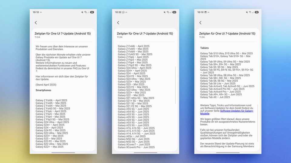 Die Liste stammt aus der offiziellen Samsung Members App (Stand: April 2025).