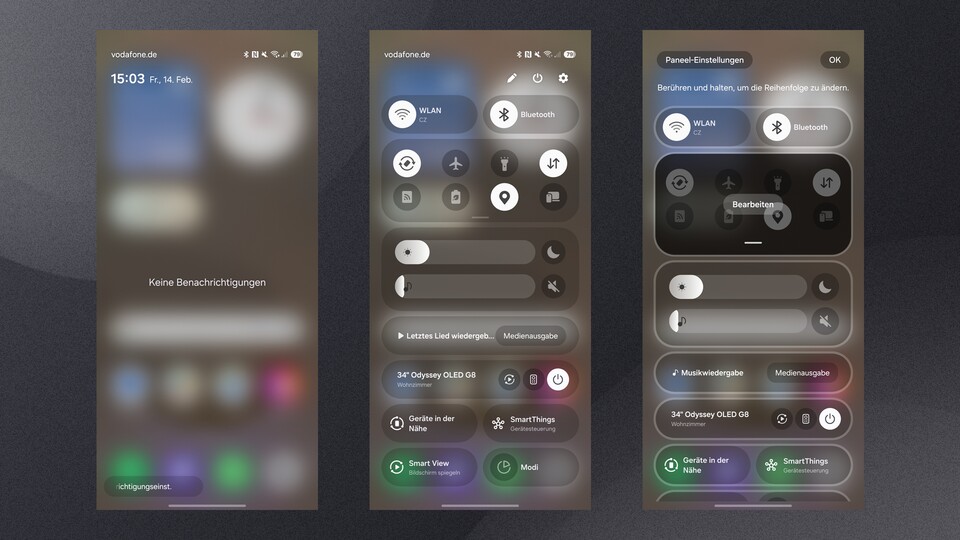 Ihr habt mit One UI 7 die Auswahl zwischen insgesamt drei Ansichten beziehungsweise Navigationsmöglichkeiten der Mitteilungszentrale sowie Schnelleinstellungen.