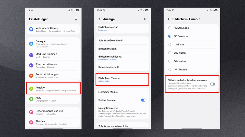 Manchmal lässt die Konzentration nach und eine Zeile muss gleich mehrfach gelesen werden, um sie zu verstehen. Euer Samsung-Handy bietet eine praktische Funktion, damit das Display nicht dabei ausgeht.