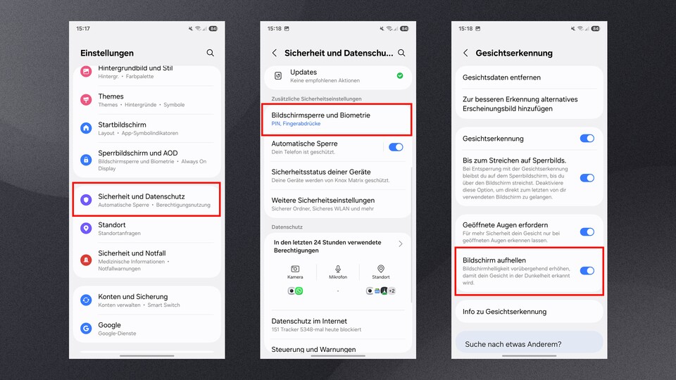 Gerade beim Aufsehen möchte die Gesichtsentsperrung auf Samsung-Smartphones nicht immer funktionieren. Mit einem aufgehelltem Display geht es besser – und ihr seid danach wach.