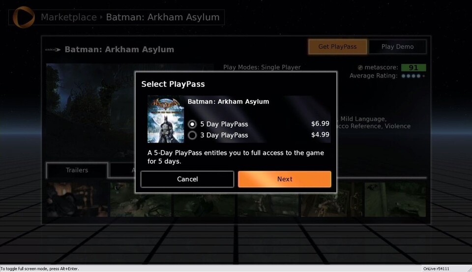 Interessanterweise ist Batman: Arkham Asylum nur für drei beziehungsweise fünf Tage zu haben. Ein dauerhaftes Nutzungsrecht sieht der Publisher Eidos nicht vor.