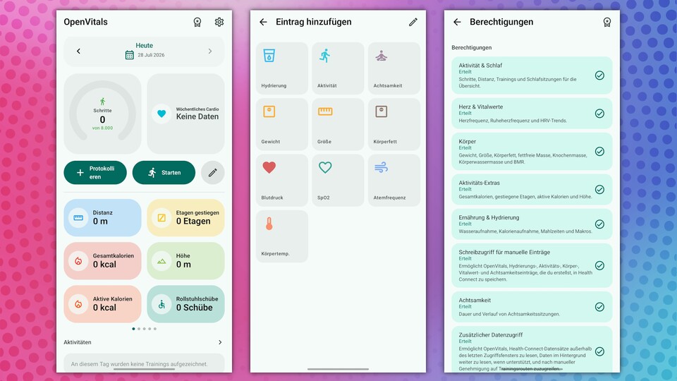 OpenVitals ist für mich die perfekte Mischung aus Fitness-App und Dashboard. (Bildquelle: GameStar Tech Aaron Hofmann)