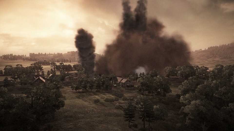 Solch imposante Rauch- und Schmutzwolken entstehen, wenn Sie einen massiven und auf einen Punkt konzentrierten Artillerieschlag befehlen.