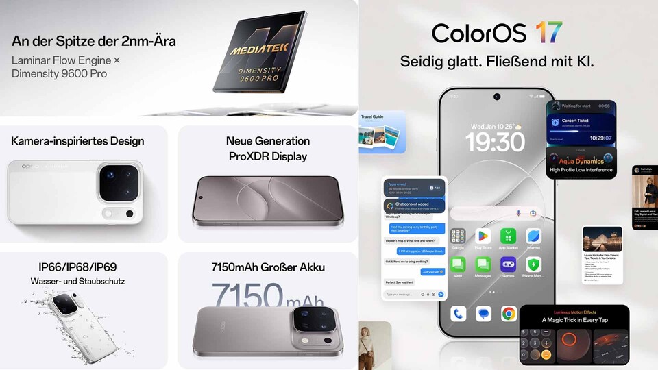 Dank IP66, IP68 und IP69 ist das Oppo Find X10 Pro Max bestens gegen Staub und Wasser geschützt.