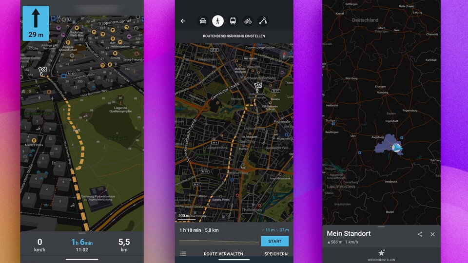 Organic Maps präsentiert die Karten übersichtlich, der Download der gesamten Oberbayern-Karte kostet auch weniger Speicher als gedacht.