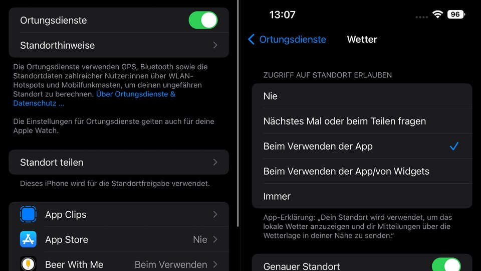 Einstellungen zu GPS lassen sich auf App-Ebene ändern.